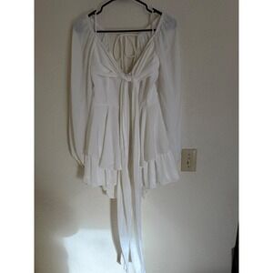 Saints + Secrets White Long Sleeve Ruffle Romper Tie Front V-Neck Medium Fairy